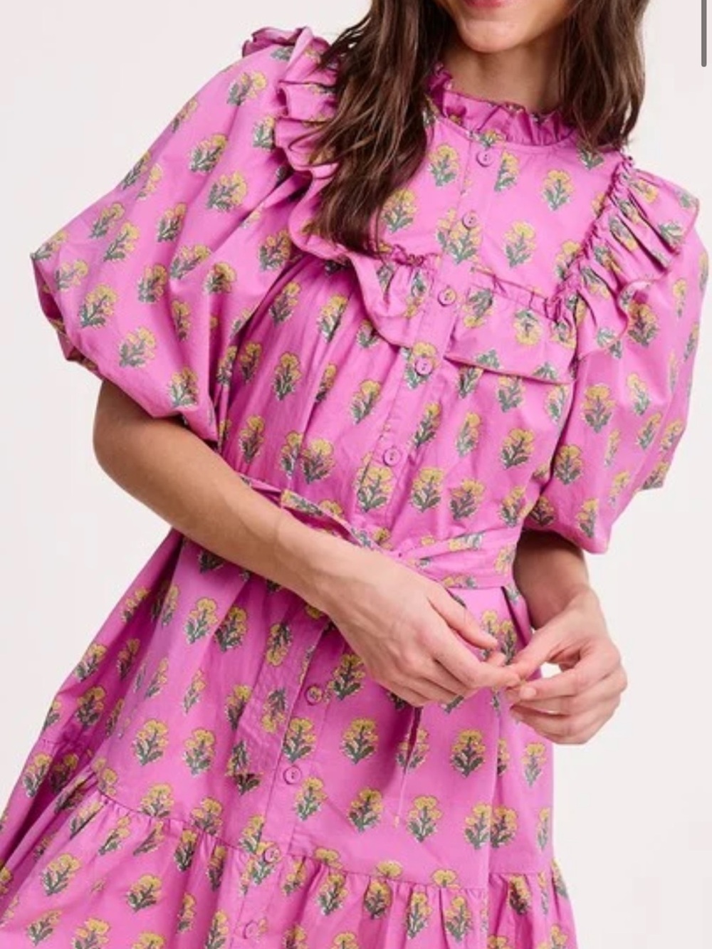 Pink Floral Ruffle Mini Dress with Puff Sleeves
